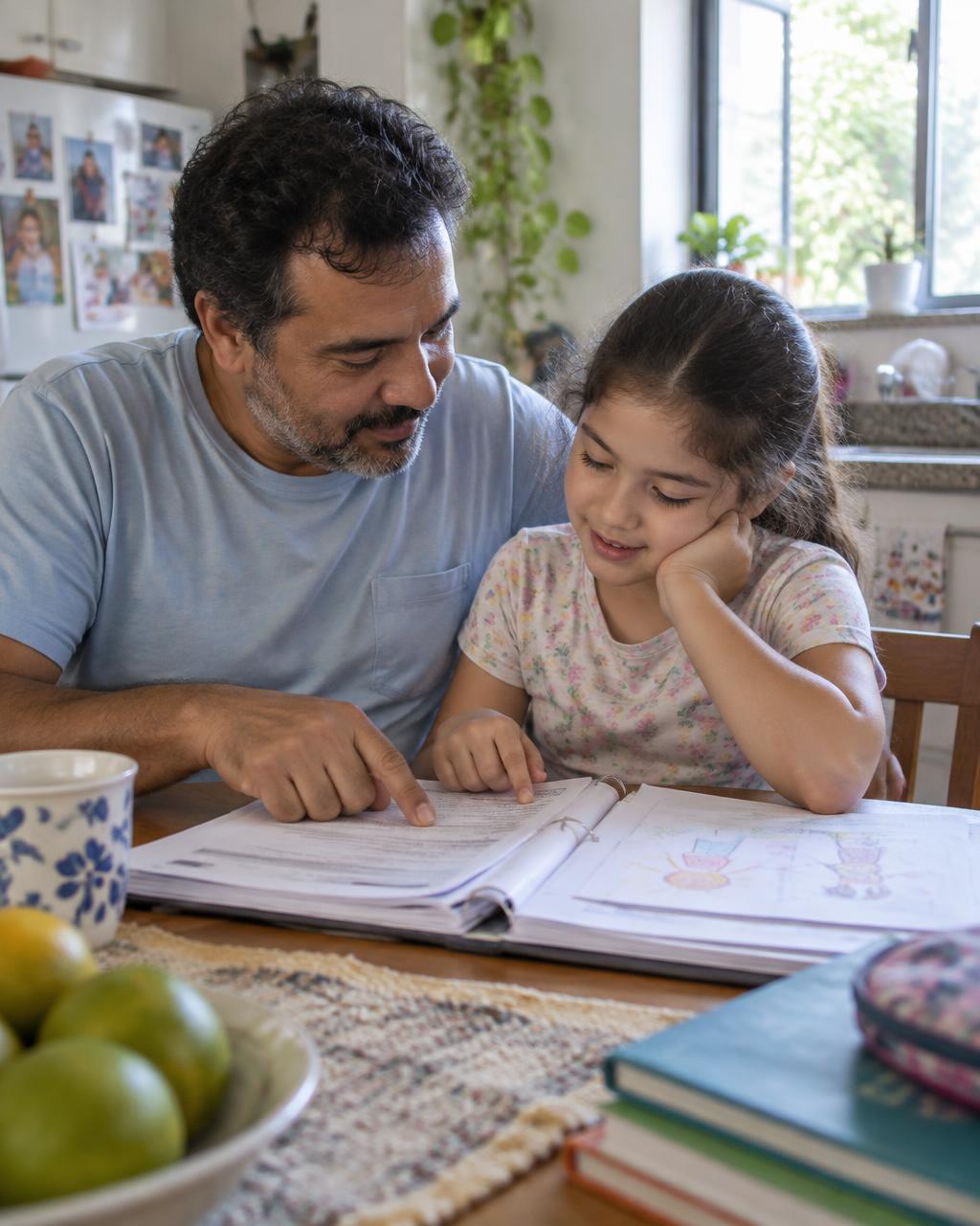 Pai e filha acompanhando atividades e registros em casa